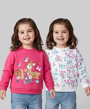 Babyhug Cotton Knit Full Sleeves Floral & Animal Printed Sweatshirts Pack of 2 - Dark Pink & White