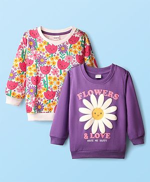 Babyhug Cotton Knit Full Sleeves Floral Printed Sweatshirts Pack of 2 - Purple & White