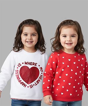 Babyhug 100% Cotton Full Sleeves Hearts Foil Printed Sweatshirt Pack Of 2 - Red & White