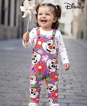 Babyhug Disney Single Jersey Knit Full Sleeve T-Shirt & Dungaree Set with Chip n Dale Graphic - Lilac & White