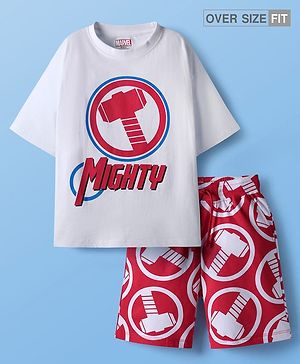 Pine Kids Marvel Single Jersey Knit Drop Shoulder Half Sleeves Oversized T-Shirt & Shorts Set With Thor Graphics - White & Red