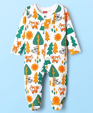 Babyhug 100% Cotton Knit Full Sleeves Footed Sleepsuit With Animal Print - White