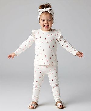 Bonfino 100% Cotton Knit Full Sleeves Co-ords T-Shirt & Leggings Set with Headband & Heart Print - Ivory
