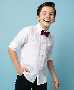 Pine Kids Cotton Woven Full Sleeves Solid Party Shirt with Attached Bow - White