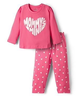 Babyhug Cotton Knit Full Sleeves Night Suit with Mommy's Mini & Heart Print - Pink