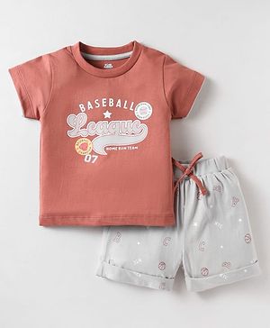 Pink Rabbit Single Jersey Knit Half Sleeves T-Shirt & Shorts Set With Baseball Print - Red