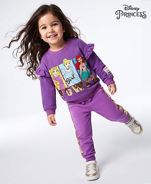 Babyhug Disney 100% Cotton Knit Full Sleeves Sweatshirt & Lounge Pant With Disney Princess Graphic With Reverse Sequin & Badge - Purple
