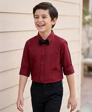 Pine Kids Cotton Woven Full Sleeves Solid Party Shirt With Bow - Maroon