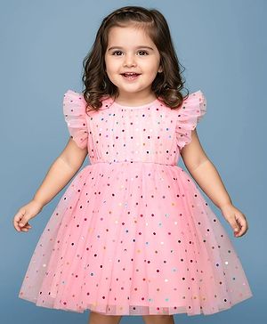 Babyhug Woven Mesh Frill Sleeves Fit & Flare Party Dress with Polka Dot Print - Peach