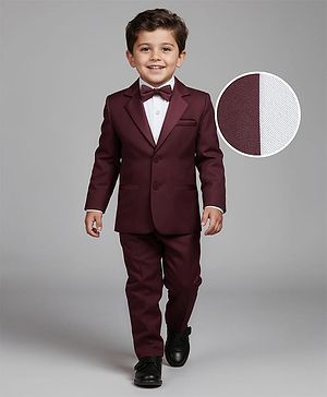 Babyhug Knit Full Sleeves Solid Color 3 Piece Party Suit with Bow Applique - Wine