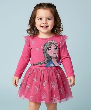 Babyhug Disney Single Jersey Knit Full Sleeves Top and Skirt with Disney Princess Graphic Mesh and Frills Detailing - Dark Pink