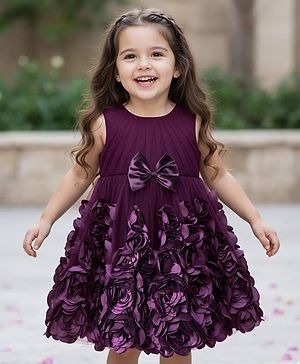 Babyhug Mesh 3D Flower Detailing Sleeveless Party Dress With Bow & 5 Layers With Cotton Lining - Purple
