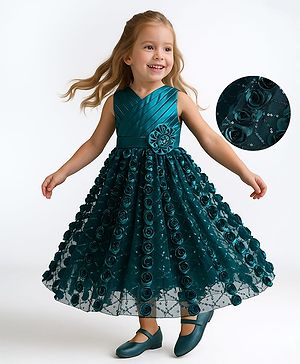Babyhug Woven Sleeveless Party Gown With 3D Floral Applique - Teal Blue