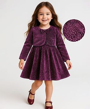 Babyhug Woven Shimmered Party Dress & Full Sleeves Shrug With Bow Applique - Wine