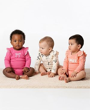Bonfino 100% Cotton Knit Rib Fabric Full Sleeves Onesies with Bow Print & Frill Detailing Pack of 3 - Peach Pink & Ivory
