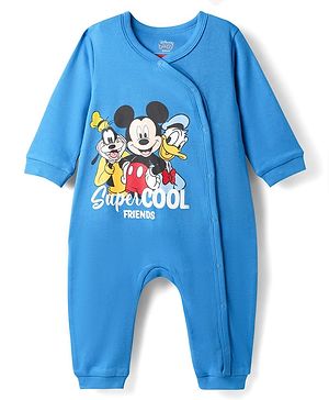 Babyhug Disney Interlock Knit Full Sleeves Rompers with Mickey Mouse & Friends Print - Blue