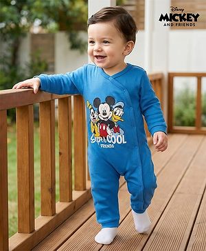 Babyhug Disney Interlock Knit Full Sleeves Rompers with Mickey Mouse & Friends Print - Blue