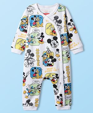 Babyhug Disney Interlock Knit Full Sleeves Rompers with Mickey Mouse & Friends Print - White