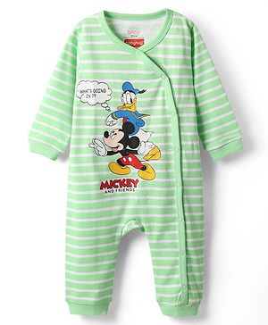 Babyhug Disney Interlock Knit Full Sleeves Romper with Mickey Mouse & Friend Print & Stripe Design - Green