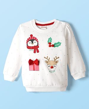 Babyhug Cotton Knit Full Sleeves Sweatshirt With Animal & Polka Dot Print - White
