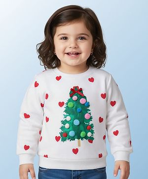 Babyhug Cotton Knit Full Sleeves Sweatshirt With Heart Print & Tree Applique - White