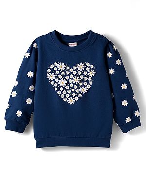 Babyhug Cotton Knit Full Sleeves Sweatshirt With Floral Print & Applique - Navy Blue
