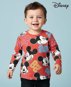 Babyhug Disney Single Jersey Knit Full Sleeves T-Shirt with Mickey Mouse Graphic - Dark Red