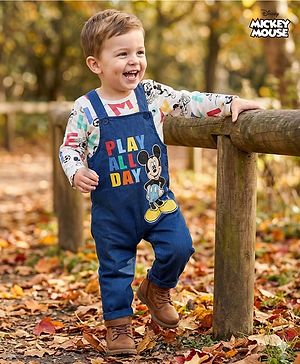 Babyhug Disney Single Jersey Knit Full Sleeves Dungaree & Tee With Mickey Mouse Graphics - Navy Blue & White