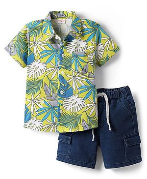 Babyhug Single Jersey Knit Half Sleeves Shirt & Shorts Set with Tropical Print - Green & Navy Blue