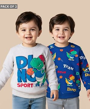 Babyhug Cotton Knit Full Sleeves Pullover Sweatshirts with Dino Graphic Pack of 2 - Navy Blue & Light Grey