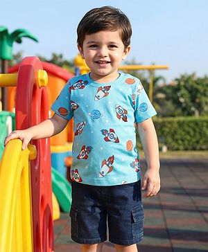 Babyhug Single Jersey Knit Half Sleeves T-Shirt & Shorts Set with Space Print - Light Blue & Navy Blue