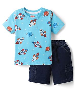 Babyhug Single Jersey Knit Half Sleeves T-Shirt & Shorts Set with Space Print - Light Blue & Navy Blue