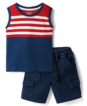 Babyhug Single Jersey Knit Sleeveless Tank T-Shirt & Shorts Set with Stripes- Red & Navy Blue