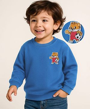Babyhug Cotton Knit Full Sleeves Sweatshirt With Tiger Patch - Blue