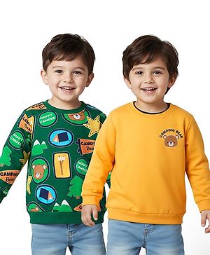 Babyhug Cotton Knit Full Sleeves Teddy Bear Printed Sweatshirts Pack of 2 - Green & Yellow