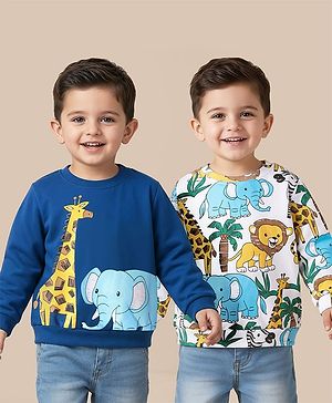 Babyhug Cotton Knit Full Sleeves Animal Printed Sweatshirts Pack of 2 - Blue & White