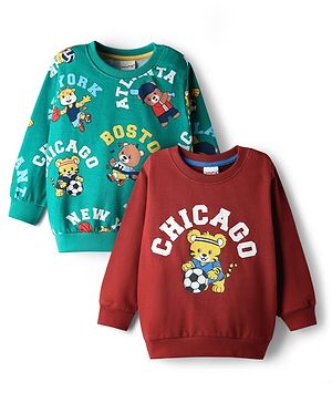Babyhug Cotton Knit Full Sleeves Animal Printed Sweatshirts Pack of 2 - Maroon & Green