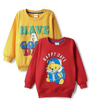 Babyhug Cotton Knit Full Sleeves Text & Animal Printed Sweatshirts Pack of 2 - Red & Yellow