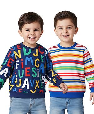 Babyhug Cotton Knit Full Sleeves Striped & Alphabet Printed Sweatshirts Pack of 2 - Multicolor