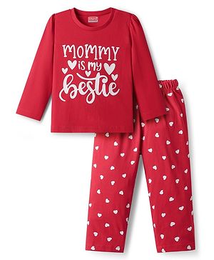 Babyhug Cotton Knit Full Sleeves Night Suit with Heart Print - Red
