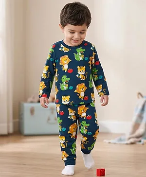 Babyhug Cotton Knit Full Sleeves
                              Co-Ord Night Suit with Animal Print - Navy
                              Blue