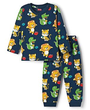 Babyhug Cotton Knit Full Sleeves Co-Ord Night Suit with Animal Print - Navy Blue