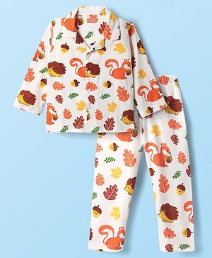 Babyhug Cotton Knit Full Sleeves Co-Ord Night Suit With Squirrel & Porcupine Print - White
