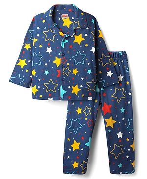 Babyhug Cotton Knit Full Sleeves Co-ords Front Open Night Suit With Start Print - Navy Blue
