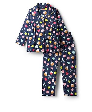 Babyhug Cotton Knit Full Sleeves Co-ords Night Suit with Heart Print - Navy Blue
