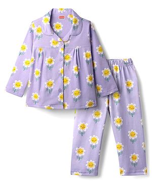 Babyhug Cotton Knit Full Sleeves  Front Open Co-Ord Night Suit with Sunflower Print - Lavender