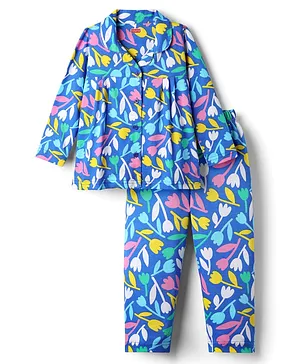 Babyhug Cotton Knit Full Sleeves
                              Floral Printed Front Open Co-Ords Night
                              Suit - Blue