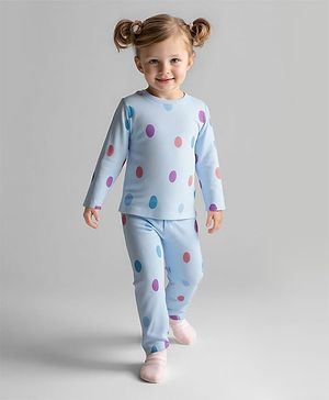 Bonfino 100% Cotton Knit Full Sleeves Co-Ord Night Suit with Polka Dot Print - Light Blue