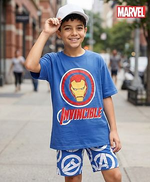Pine Kids Marvel Single Jersey Knit Drop Shoulder Half Sleeves Oversized T-Shirt & Shorts Set With Iron Man Graphics - Blue