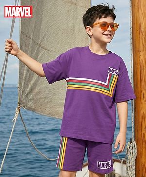 Pine Kids Marvel Single Jersey Knit Drop Shoulder Half Sleeves Oversized T-Shirt & Shorts Set With Avengers Graphics - Purple